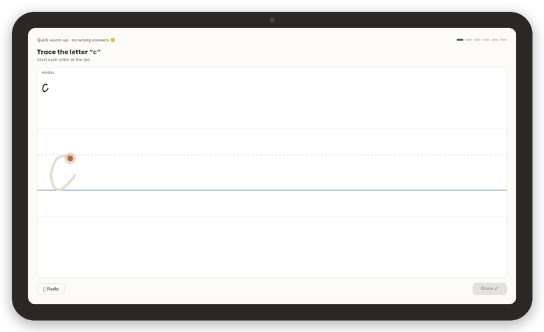 Tracing the letter c on guide lines