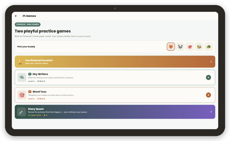 The Penwick games menu